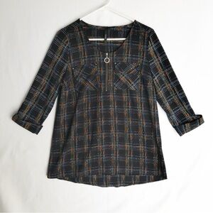 Quarter Zip Black Rainbow Plaid Roll Tab Gauzy Pockets Top Womens S M by Cathy